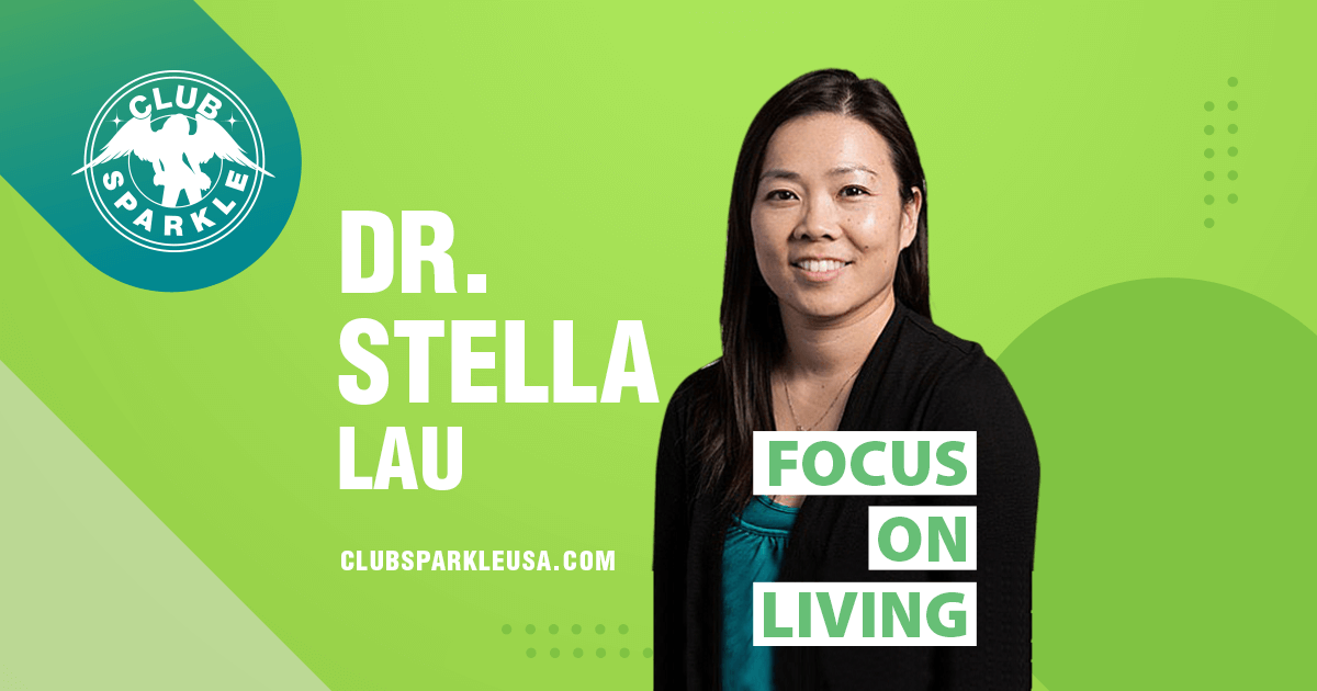 An image of Doctor Stella Lau wearing a black jacket over a green blouse with the words "Focus on Living" superimposed over her.